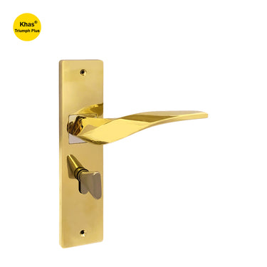 Khas Triumph Plus KH-011 Door Handle Set in PVD/CP finish, featuring a modern twisted handle design with polished brass and chrome detailing.
