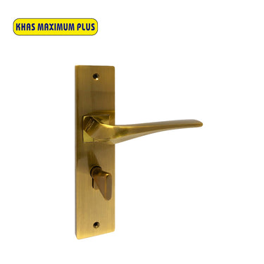 Khas Maximum Plus KH-017 Door Handle Set in AE/PVD finish, featuring a modern wave-shaped handle with antique brass effect and polished PVD coating.