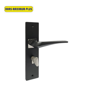 Khas Maximum Plus KH-017 Door Handle Set in Matt Black/CP finish, featuring a modern wave-shaped handle with chrome-plated accents.