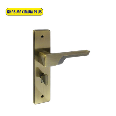 Khas Maximum Plus KH-030 Door Handle Set in Antique Brass finish, featuring a sleek modern lever handle design.