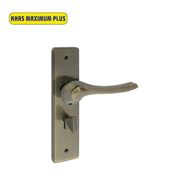 Khas Maximum Plus KH-032 Door Handle Set in Antique Brass finish, featuring a gracefully curved handle design.