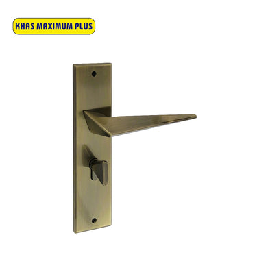 Khas Maximum Plus KH-042 Door Handle Set in Antique Brass finish, featuring a sleek, angular design.