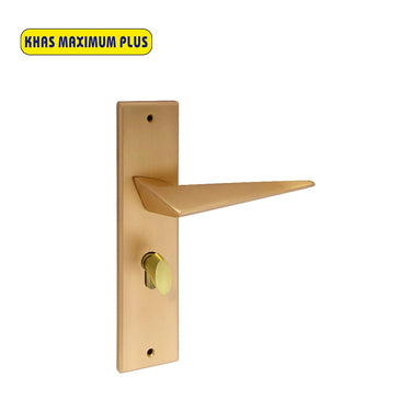 Khas Maximum Plus KH-042 Door Handle Set in Matt Gold, showcasing a modern triangular design.