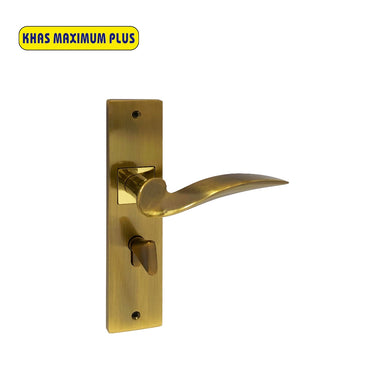 Khas Maximum Plus KH-1221 Door Handle Set in AE/PVD, featuring a curved design with an Antique Brass finish and PVD coating.