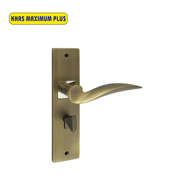 Khas Maximum Plus KH-1221 Door Handle Set in MAB/CP, featuring a curved design with Antique Brass and Chrome Plating finish.