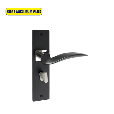 Khas Maximum Plus KH-1221 Door Handle Set in Matt Black/CP, featuring a curved design with a Matt Black finish and Chrome Plating accents.
