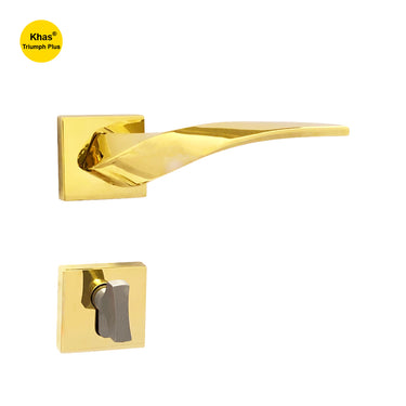Khas Triumph Plus KH-R011 door handle set with rosette in PVD finish, featuring a sleek, curved design and polished surface.