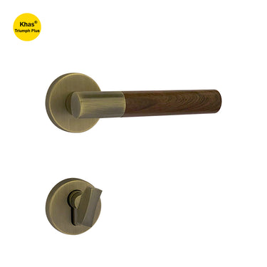 Khas Triumph Plus KH-R308 door handle set with rosette in matte antique brass and wood finish, featuring a sleek cylindrical design.