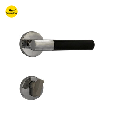 Khas Triumph Plus KH-R308 door handle set with rosette in matt black and chrome-plated finish, featuring a sleek cylindrical design.