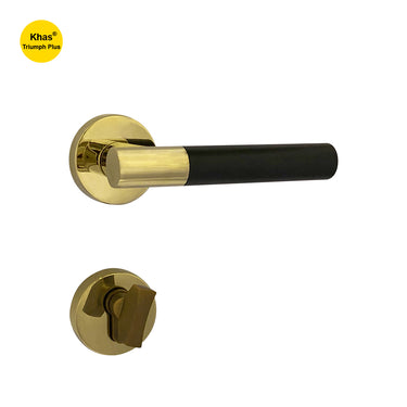 Khas Triumph Plus KH-R308 door handle set with rosette in matt black and PVD gold finish, featuring a sleek cylindrical design.