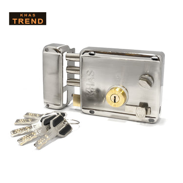 Khas Trend KT811 Rim Lock with a 3-rod mechanism in satin nickel finish.