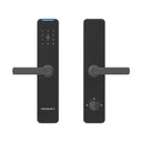 Italtecno KX1 ultra-thin fingerprint smart lock in black, featuring a digital keypad, smart card reader, and fingerprint scanner on the handle.