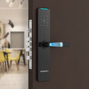 Italtecno KX1 ultra-thin fingerprint smart lock in black, featuring a digital keypad, smart card reader, and fingerprint scanner on the handle.
