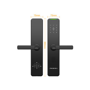 Italtecno KX1 ultra-thin fingerprint smart lock in black, featuring a digital keypad, smart card reader, and fingerprint scanner on the handle.