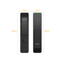 Italtecno KX2 push-pull automatic smart door lock in black, featuring a sleek glass texture panel, digital keypad, and integrated doorbell.