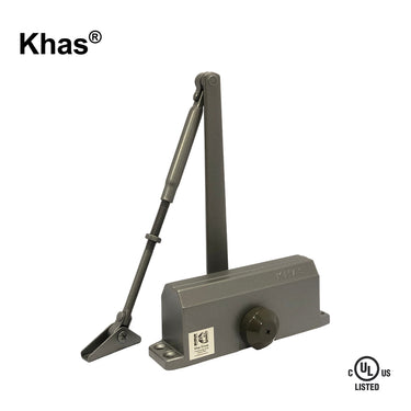 Khas 632 surface-mounted door closer in a brown finish, showing the jointed arm, main body with Khas branding, and the C-UL-US Listed stamp.