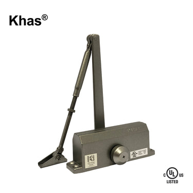 Khas 632 surface-mounted door closer in a champagne finish, showing the jointed arm, main body with Khas branding, and the C-UL-US Listed stamp.