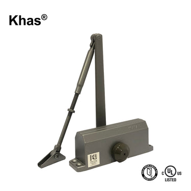 Khas 632-D surface-mounted door closer in a brown finish, showing the hold-open arm mechanism, main body with Khas branding, and the 90-degree hold-open and C-UL-US Listed stamps.