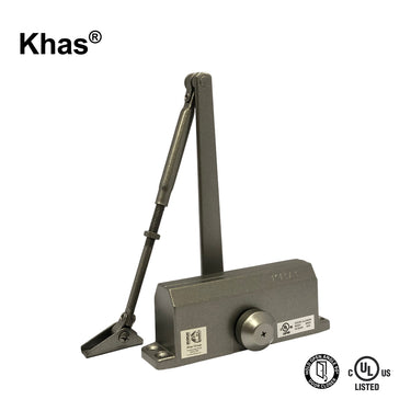 Khas 632-D surface-mounted door closer in a champagne finish, showing the hold-open arm mechanism, main body with Khas branding, and the 90-degree hold-open and C-UL-US Listed stamps.