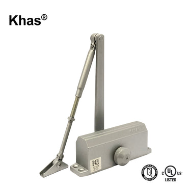 Khas 632-D surface-mounted door closer in a silver finish, showing the hold-open arm mechanism, main body with Khas branding, and the 90-degree hold-open and C-UL-US Listed stamps.