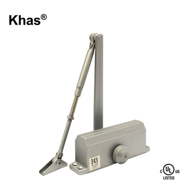 Khas 632 surface-mounted door closer in a silver finish, showing the jointed arm, main body with Khas branding, and the C-UL-US Listed stamp.