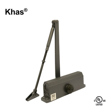 Khas 643 surface-mounted door closer in a brown finish, showing the jointed arm, main body with Khas branding, and the C-UL-US Listed stamp.