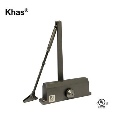 Khas 643 surface-mounted door closer in a champagne finish, showing the jointed arm, main body with Khas branding, and the C-UL-US Listed stamp.