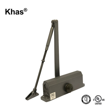 Khas 643-D surface-mounted door closer in a brown finish, showing the hold-open slide arm mechanism, main body with Khas branding, and the 90-degree hold-open and C-UL-US Listed stamps.