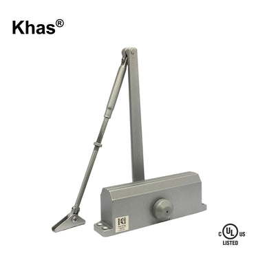 Khas 643 surface-mounted door closer in a silver finish, showing the jointed arm, main body with Khas branding, and the C-UL-US Listed stamp.