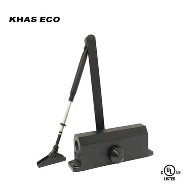 Khas Eco B71 surface-mounted door closer in a black finish, displaying the jointed arm, main body with embossed Khas branding, and the UL Listed stamp.