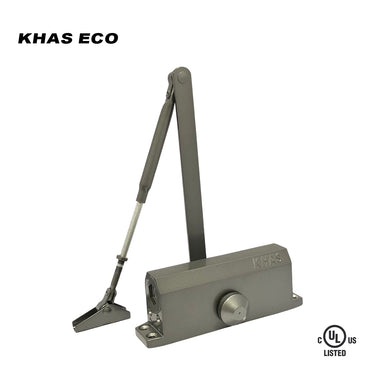 Khas Eco B71 surface-mounted door closer in a brown finish, displaying the jointed arm, main body with embossed Khas branding, and the UL Listed stamp.