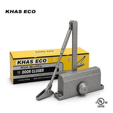 Khas Eco B71 surface-mounted door closer in a brown finish, displaying the jointed arm, main body with embossed Khas branding, and the UL Listed stamp.