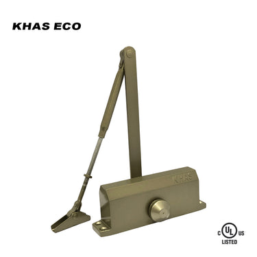 Khas Eco B71 surface-mounted door closer in a champagne finish, displaying the jointed arm, main body with embossed Khas branding, and the UL Listed stamp.