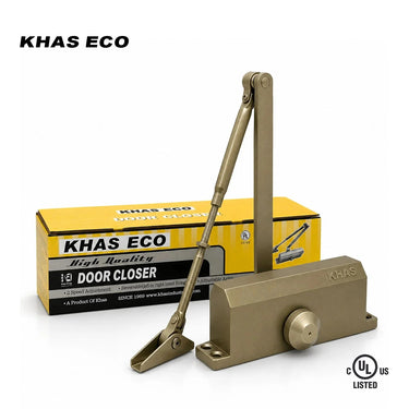 Khas Eco B71 surface-mounted door closer in a champagne finish, displaying the jointed arm, main body with embossed Khas branding, and the UL Listed stamp.