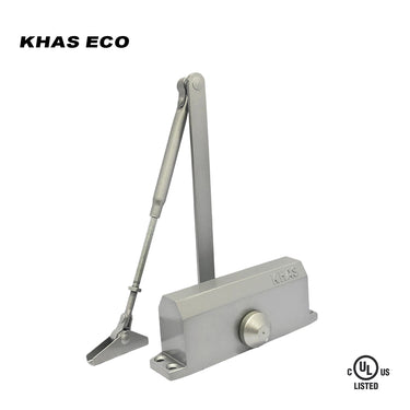 Khas Eco B71 surface-mounted door closer in a silver finish, displaying the jointed arm, main body with embossed Khas branding, and the UL Listed stamp.