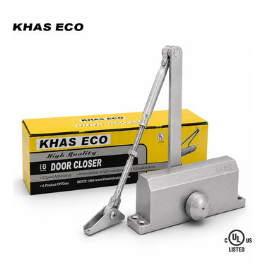 Khas Eco B71 surface-mounted door closer in a silver finish, displaying the jointed arm, main body with embossed Khas branding, and the UL Listed stamp.