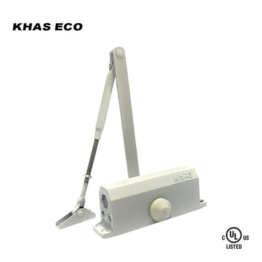 Khas Eco B71 surface-mounted door closer in a white finish, displaying the jointed arm, main body with embossed Khas branding, and the UL Listed stamp.