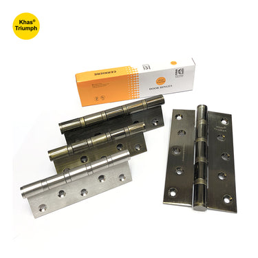 Khas Triumph SS304 stainless steel door hinges in AB and SS finishes, featuring built-in bearings and displayed with their orange and white branded packaging.