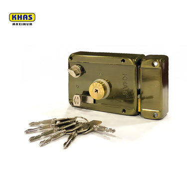 Khas Maximum LT-311CS AB Rim Lock featuring star key mechanism and antique brass finish for secure door locking.