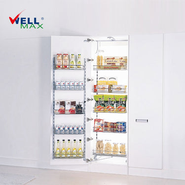 Referencing Larder unit basket with soft-closing PTJ022B 3.jpg, a detailed line drawing displays the complete tall 6-layer pull-out larder structure and its door-mounted shelving setup. Larder unit basket with soft-closing PTJ022B 1.jpg shows individual empty chrome wire baskets, while Larder unit basket with soft-closing PTJ022B 2.jpg highlights a close-up of the detailed chrome wire finish. Larder unit basket with soft-closing PTJ022B.jpg showcases the fully installed larder unit in a white tall cabinet, 