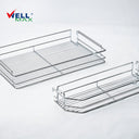 Referencing Larder unit basket with soft-closing PTJ022B 3.jpg, a detailed line drawing displays the complete tall 6-layer pull-out larder structure and its door-mounted shelving setup. Larder unit basket with soft-closing PTJ022B 1.jpg shows individual empty chrome wire baskets, while Larder unit basket with soft-closing PTJ022B 2.jpg highlights a close-up of the detailed chrome wire finish. Larder unit basket with soft-closing PTJ022B.jpg showcases the fully installed larder unit in a white tall cabinet, 