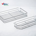 Referencing Larder unit basket with soft-closing PTJ022D 4.jpg and Larder unit basket with soft-closing PTJ022D 3.jpg, detailed line drawings display the pull-out larder structure and its door-mounted shelving setup. Larder unit basket with soft-closing PTJ022D 1.jpg shows individual empty chrome wire baskets, while Larder unit basket with soft-closing PTJ022D 2.jpg highlights a close-up of the detailed chrome wire finish. Larder unit basket with soft-closing PTJ022D.jpg showcases the fully installed larder