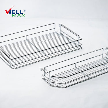 Referencing Larder unit basket with soft-closing PTJ022D 4.jpg and Larder unit basket with soft-closing PTJ022D 3.jpg, detailed line drawings display the pull-out larder structure and its door-mounted shelving setup. Larder unit basket with soft-closing PTJ022D 1.jpg shows individual empty chrome wire baskets, while Larder unit basket with soft-closing PTJ022D 2.jpg highlights a close-up of the detailed chrome wire finish. Larder unit basket with soft-closing PTJ022D.jpg showcases the fully installed larder