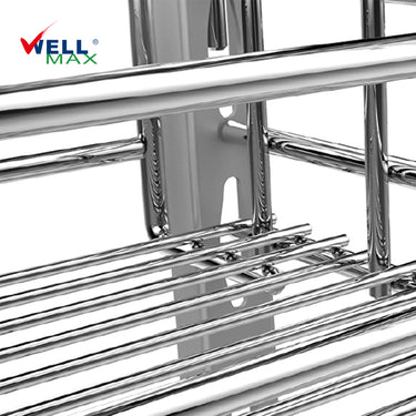 Referencing Larder unit basket with soft-closing PTJ022D 4.jpg and Larder unit basket with soft-closing PTJ022D 3.jpg, detailed line drawings display the pull-out larder structure and its door-mounted shelving setup. Larder unit basket with soft-closing PTJ022D 1.jpg shows individual empty chrome wire baskets, while Larder unit basket with soft-closing PTJ022D 2.jpg highlights a close-up of the detailed chrome wire finish. Larder unit basket with soft-closing PTJ022D.jpg showcases the fully installed larder