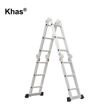 Referencing image 52, the Khas aluminum multipurpose ladder is set up in a folded A-frame position inside a well-lit garage or workshop environment. Image 53 provides detailed close-up callouts highlighting the ladder's locking hinges for safety, anti-slip rungs, non-skid protection on the feet, and the bottom stabilizer bar. Image 54 shows the ladder isolated on a plain white background in its A-frame configuration, clearly displaying its multiple folding joints and locking mechanisms.