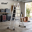 Referencing image 52, the Khas aluminum multipurpose ladder is set up in a folded A-frame position inside a well-lit garage or workshop environment. Image 53 provides detailed close-up callouts highlighting the ladder's locking hinges for safety, anti-slip rungs, non-skid protection on the feet, and the bottom stabilizer bar. Image 54 shows the ladder isolated on a plain white background in its A-frame configuration, clearly displaying its multiple folding joints and locking mechanisms.
