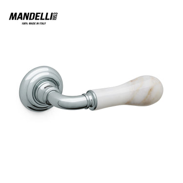 Mandelli 8011 Naxos door handle in polished chrome and White Calacatta marble, embodying sleek Italian craftsmanship and style.