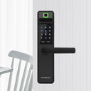 Italtecno NF21T smart fingerprint lock in black, featuring a digital keypad, card reader, and lever handle.