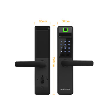 Italtecno NF21T smart fingerprint lock in black, featuring a digital keypad, card reader, and lever handle.