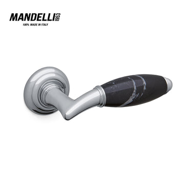 Mandelli 8001 Paros door handle in polished chrome with Black Marquinia, emphasizing sleek design and Italian craftsmanship.